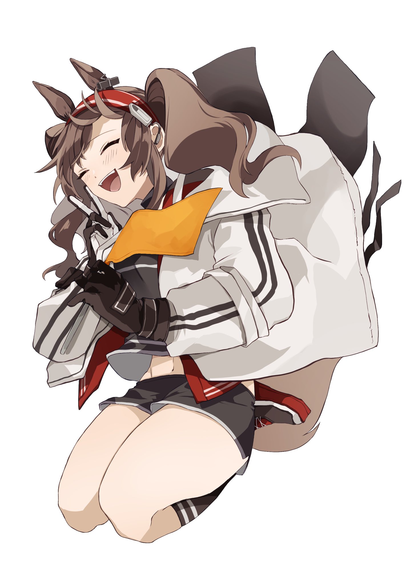 angelina (arknights), arknights, commentary, highres, 1girl, :d, animal ears, black collar, black gloves, black shoes, black shorts, black socks, brown hair, closed eyes, coat, collar, earpiece, extra ears, fox ears, fox girl, fox tail, full body, gloves, hairband, hujinonn gm, jacket, kneehighs, long hair, long sleeves, midriff peek, navel, open clothes, open coat, open jacket, open mouth, red hairband, red jacket, shoes, short shorts, shorts, simple background, smile, sneakers, socks, solo, striped clothes, striped hairband, tail, teeth, twintails, two-tone hairband, upper teeth only, v, white background, white coat