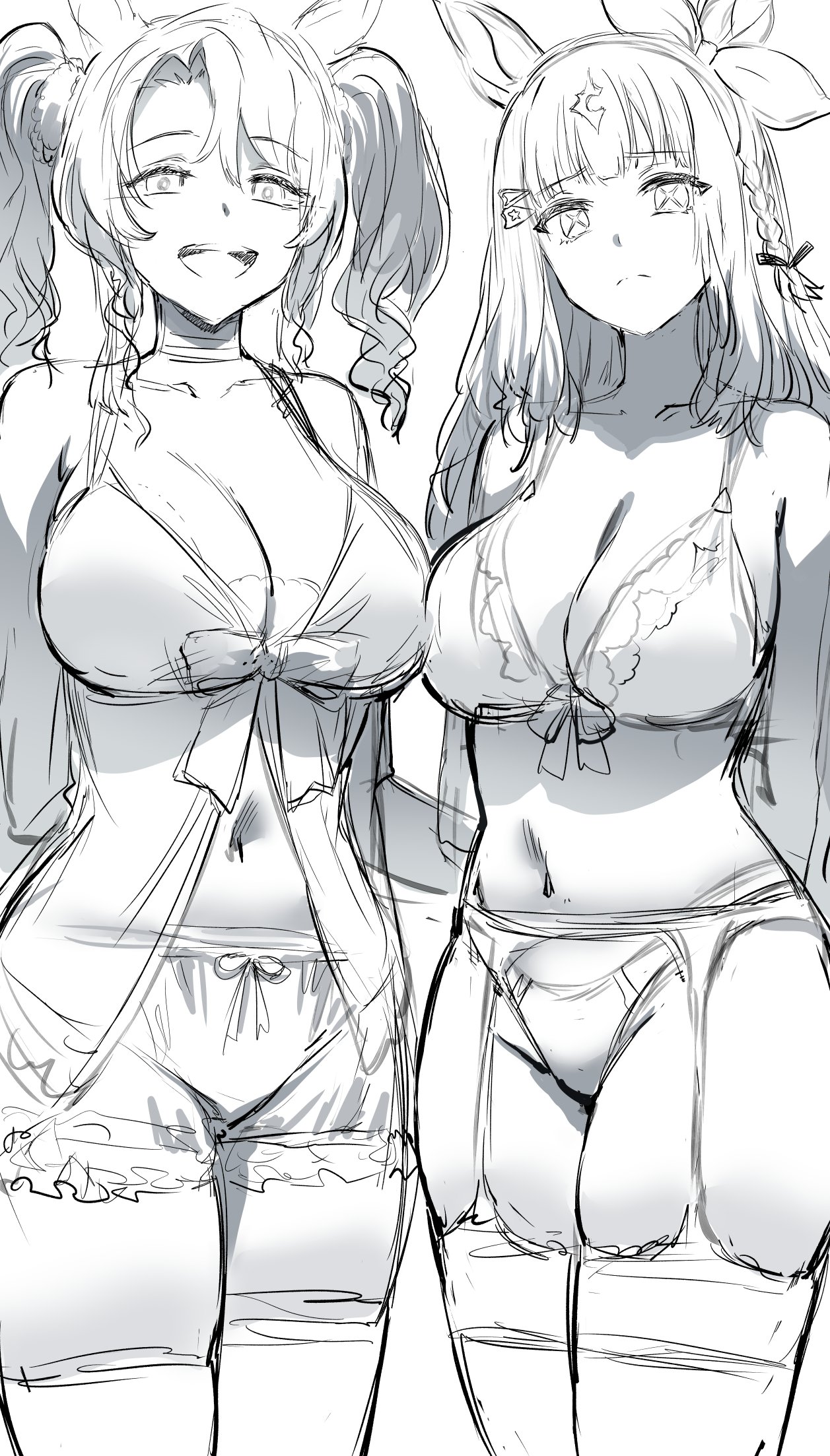 hews, almond eye (umamusume), fusaichi pandora (umamusume), umamusume, commentary, english commentary, highres, unfinished, 2girls, animal ears, asymmetrical docking, bloomers, braid, breast press, breasts, closed mouth, collarbone, curtained hair, garter belt, hair ornament, hairclip, horse ears, horse girl, large breasts, long hair, looking at viewer, monochrome, multiple girls, navel, open mouth, panties, sidelocks, simple background, sketch, smile, symbol-shaped pupils, thighhighs, thighs, underwear, x-shaped pupils