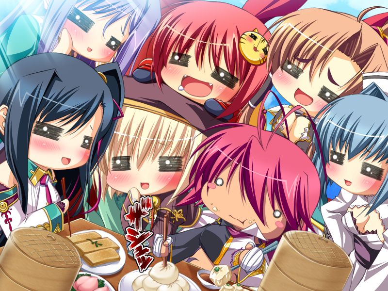 katagiri hinata, bachou (koihime musou), chouhi (koihime musou), chouun (koihime musou), kan'u (koihime musou), kouchuu (koihime musou), ryofu (koihime musou), shokatsuryou (koihime musou), koihime musou, game cg, 00s, 6+girls, = =, ahoge, bamboo steamer, beret, black hair, blonde hair, blue hair, blush, cat hair ornament, chopsticks, everyone, fangs, food, hair ornament, hat, multiple girls, o o, purple hair, red hair, steamed bun, tiger