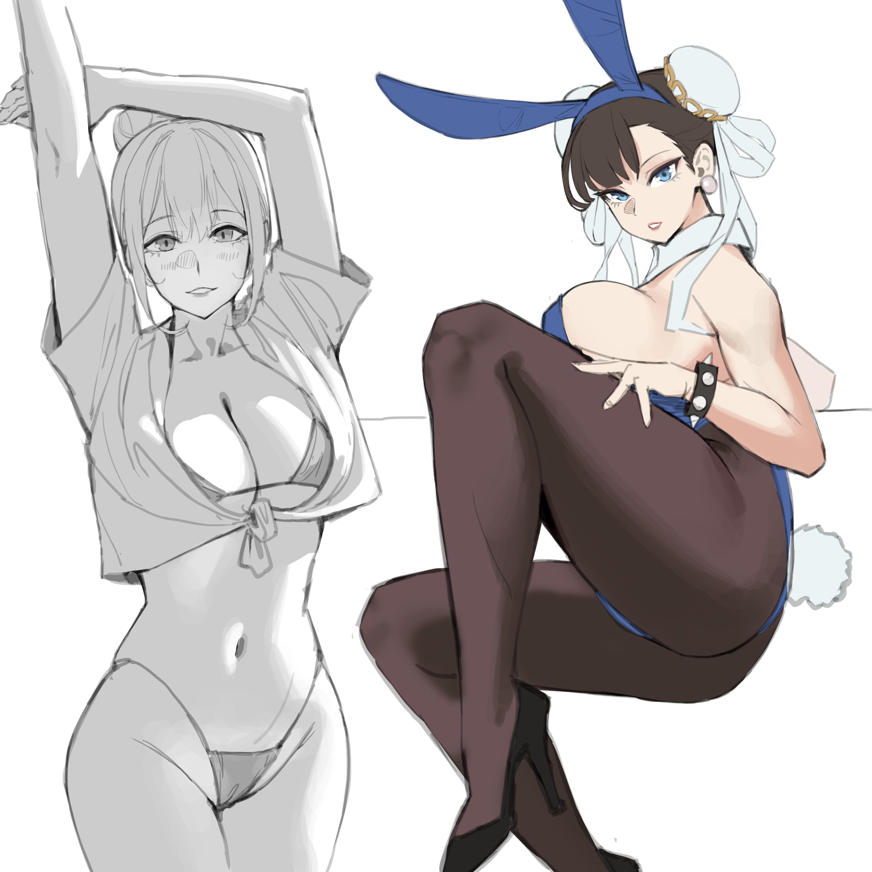 nankam76, chun-li, capcom, street fighter, absurdres, character request, highres, 2girls, alternate costume, animal ears, arms up, bikini, black shoes, blue eyes, bracelet, breasts, brocade, brown pantyhose, detached collar, fake animal ears, fake tail, hair bun, jewelry, large breasts, leotard, looking at viewer, multiple girls, pantyhose, parted lips, playboy bunny, rabbit ears, rabbit tail, shirt, shoes, short sleeves, simple background, sitting, smile, spiked bracelet, spikes, standing, swimsuit, tail, white background