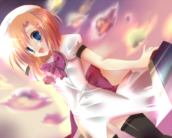kinoko (hkn), ryuuguu rena, higurashi no naku koro ni, 00s, 1girl, billhook, blue eyes, dress, female focus, hashitsuki nata, hatchet, nata (tool), orange hair, short hair, solo, thighhighs, weapon