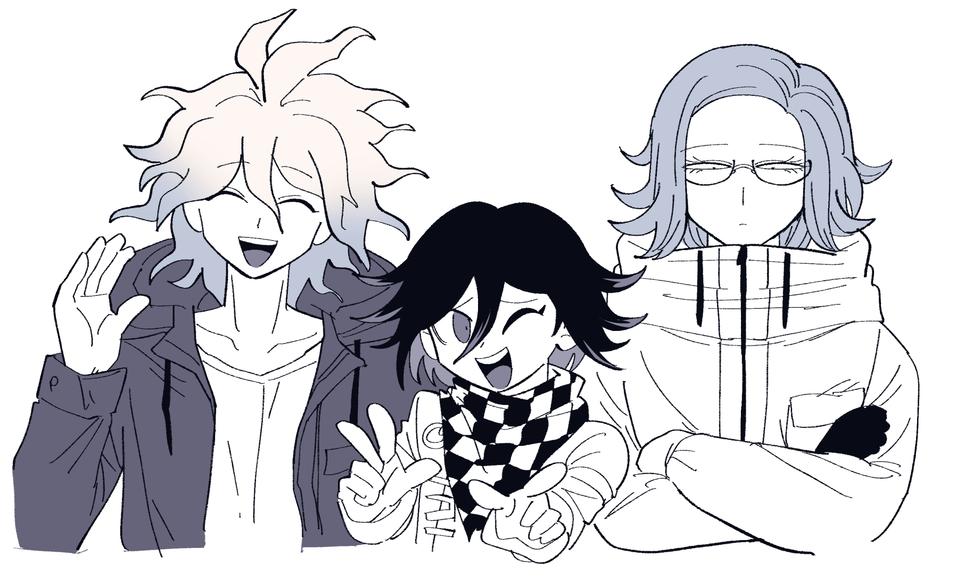 furukawa (yomawari), aotsuki eito, komaeda nagito, oma kokichi, danganronpa (series), danganronpa 2: goodbye despair, danganronpa v3: killing harmony, the hundred line -last defense academy-, highres, 3boys, ;d, ^ ^, bandana, bandana around neck, checkered bandana, closed eyes, creator connection, crossed arms, crossover, drawstring, facing viewer, glasses, gloves, hair between eyes, half-closed eyes, hand up, hood, hooded jacket, jacket, long sleeves, looking at viewer, male focus, multiple boys, one eye closed, open clothes, open jacket, open mouth, round eyewear, semi-rimless eyewear, shirt, short hair, simple background, smile, teeth, under-rim eyewear, upper body, upper teeth only, w