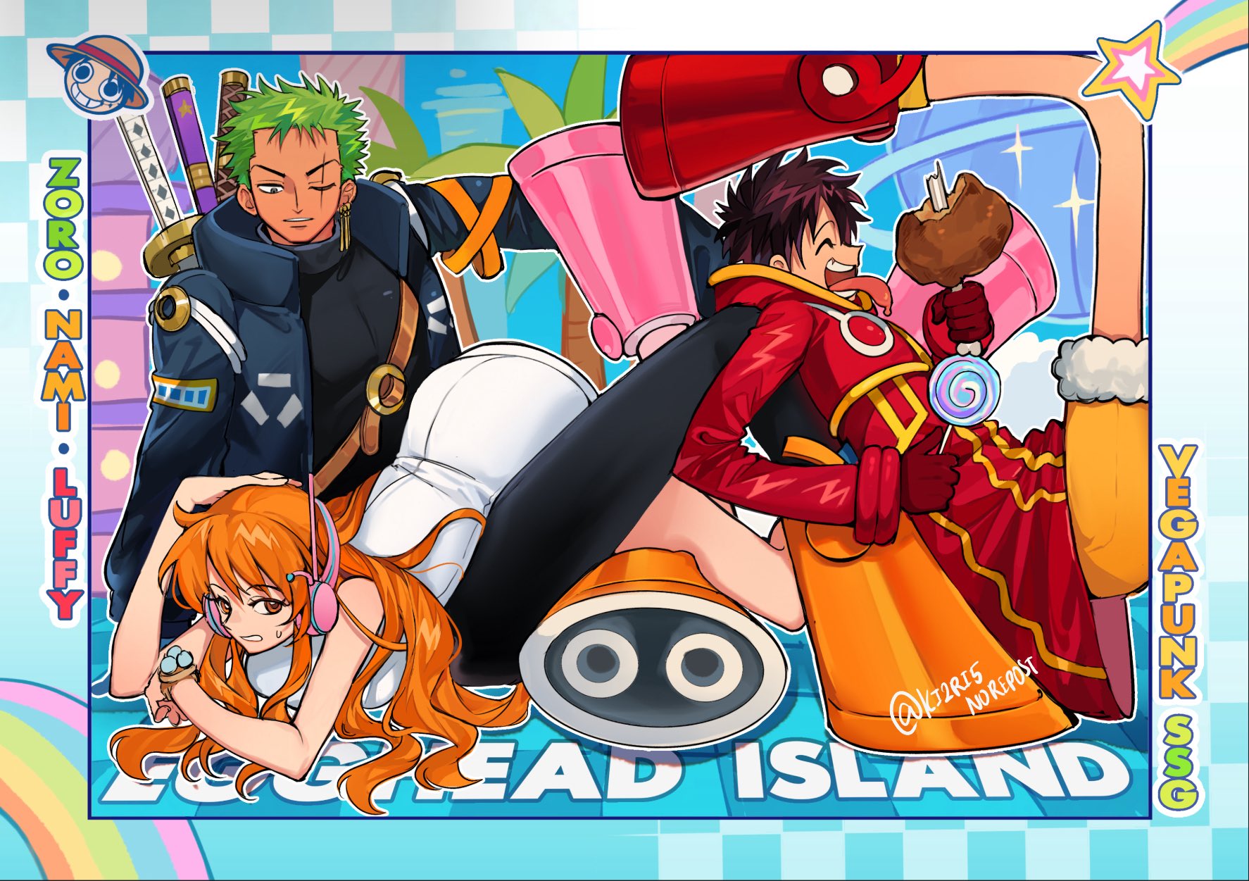 ki2ri5, monkey d. luffy, nami (one piece), roronoa zoro, one piece, hashtag-only commentary, highres, 1girl, 2boys, bangle, bare shoulders, black bodysuit, black hair, blue jacket, bodysuit, boned meat, boots, bracelet, breasts, candy, character name, closed eyes, coat, devil fruit power, elasticity, extendable limbs, feet up, food, from side, full body, green hair, headphones, holding, holding candy, holding food, jacket, jewelry, katana, large breasts, leotard, log pose, long hair, lying, lying on lap, meat, multiple boys, multiple swords, official alternate costume, on stomach, one eye closed, open clothes, open jacket, orange boots, orange hair, parted lips, pink boots, profile, red boots, red coat, scar, scar across eye, scar on face, short hair, sitting, sparkle, star (symbol), straw hat pirates, sweatdrop, sword, sword on back, tongue, tongue out, wavy hair, weapon, weapon on back, white leotard