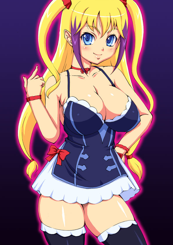 kasanui, jacqueline baumgold, dragonaut, 00s, 1girl, blonde hair, blue eyes, breasts, choker, cleavage, covered erect nipples, female focus, huge breasts, large breasts, multicolored hair, skindentation, solo, thighhighs, twintails, zettai ryouiki