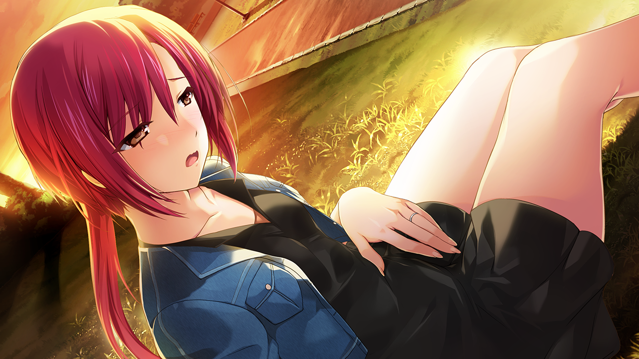 onigirikun, choukou (alicesoft), choukou shinki ixseal, game cg, non-web source, official art, variant set, 1girl, black dress, blue jacket, blush, breast pocket, breasts, brown eyes, casual, collarbone, denim, denim jacket, dress, dusk, dutch angle, grass, hair between eyes, houshou kirika, jacket, jewelry, long hair, open clothes, open jacket, open mouth, outdoors, pocket, ponytail, red hair, ring, short dress, sitting, solo, straight hair, sunset, wedding ring