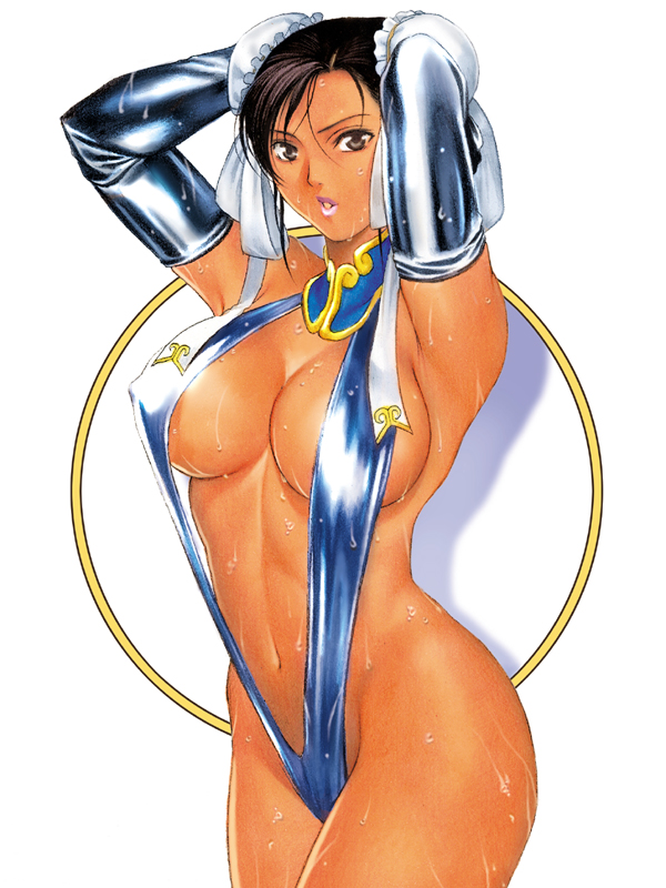 homare (fool's art), chun-li, capcom, street fighter, 1girl, :o, adapted costume, armpits, arms behind head, arms up, black hair, breasts, brown eyes, bun cover, cleavage, covered erect nipples, curvy, double bun, elbow gloves, female focus, gloves, grey eyes, hair bun, large breasts, looking at viewer, one-piece swimsuit, open mouth, ribbon, shadow, shiny clothes, sideboob, slingshot swimsuit, solo, standing, sweat, swimsuit, tan, turtleneck, wet