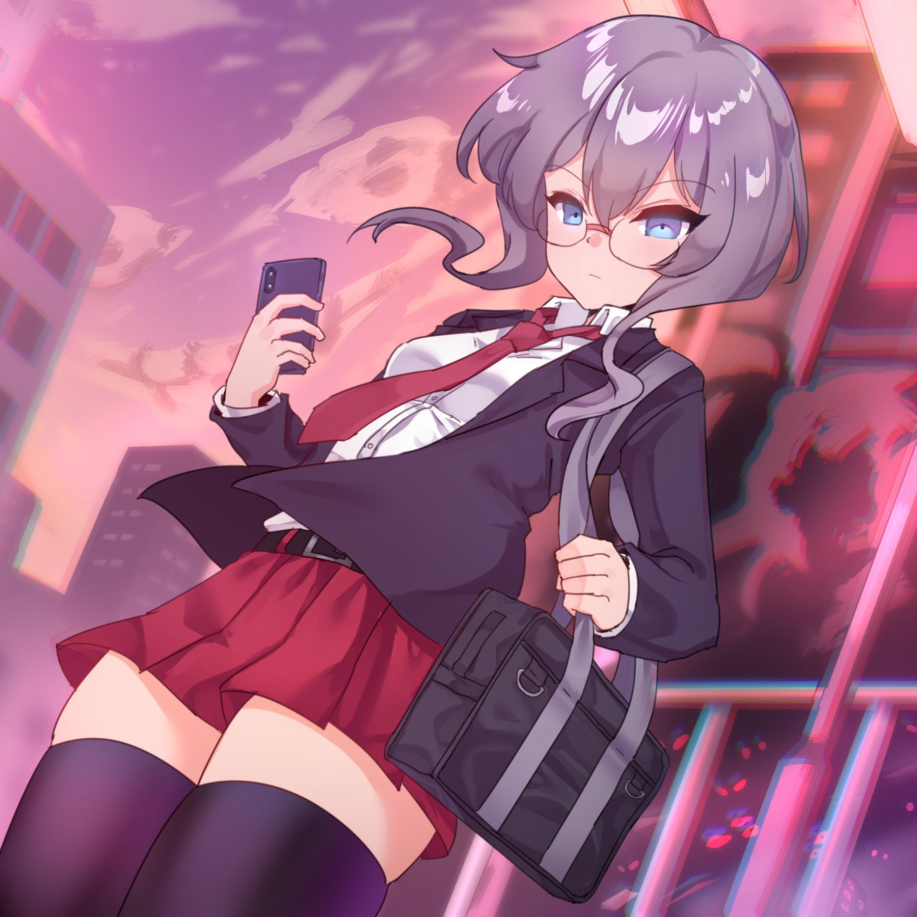rayno, original, commentary, english commentary, highres, second-party source, 1girl, bag, black bag, black jacket, black thighhighs, blue eyes, blurry, blurry background, breasts, cellphone, closed mouth, cowboy shot, double-parted bangs, dutch angle, glasses, grey hair, hair between eyes, holding, holding phone, jacket, long sleeves, looking at viewer, medium hair, miniskirt, necktie, open clothes, open jacket, outdoors, phone, pleated skirt, red necktie, red skirt, sherly (merryweather), shirt, shoulder bag, skindentation, skirt, small breasts, smartphone, solo, thighhighs, thighs, white shirt