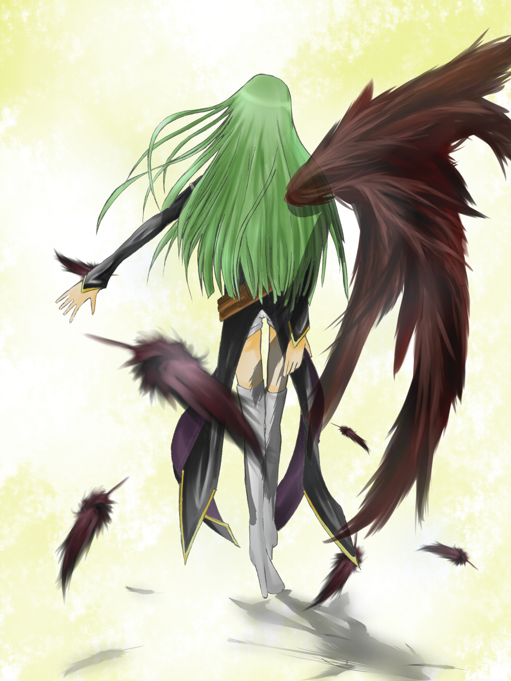 nyaho (pixiv122699), c.c., code geass, highres, 00s, angel wings, black wings, boots, feathers, solo, thigh boots, thighhighs, wings