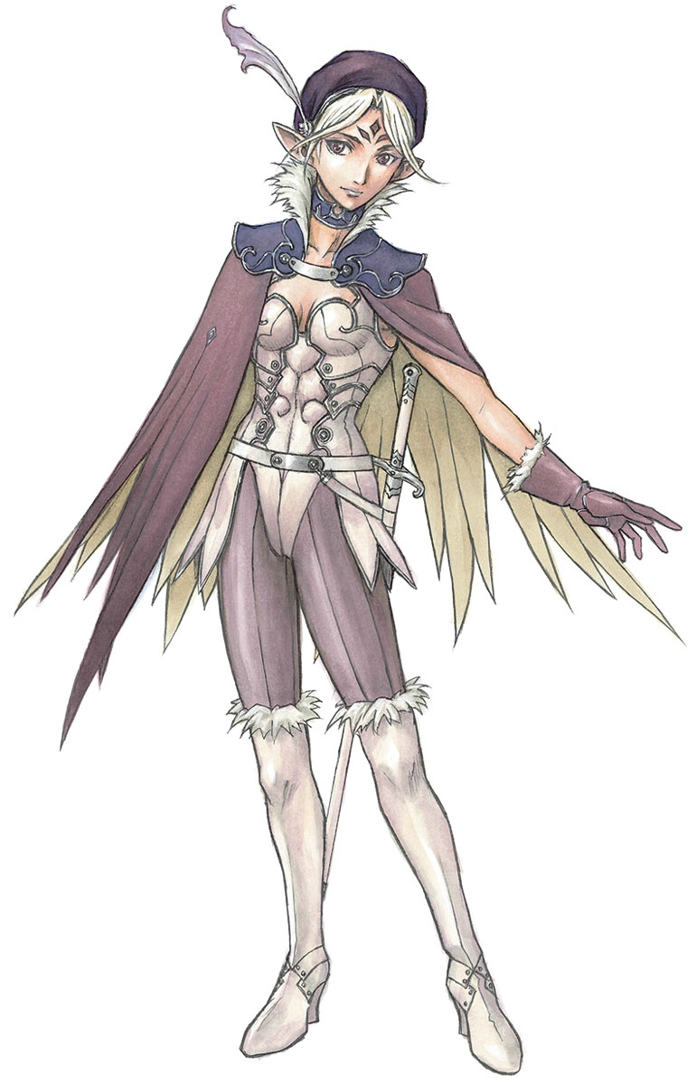 izubuchi yutaka, scheherazade, soul calibur, soulcalibur, soulcalibur iv, highres, official art, traditional media, 1girl, blonde hair, boots, brown eyes, cape, elf, female focus, gloves, hat, pointy ears, solo, sword, thighhighs, weapon