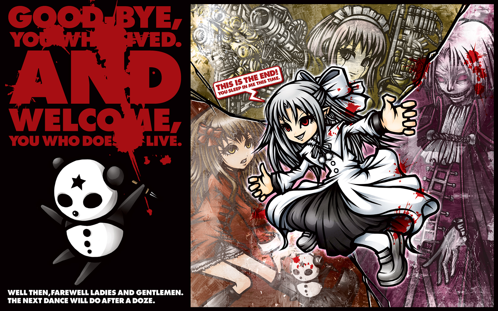 project.c.k., arima miyako, master panda, mecha hisui, nanaya shiki, night of wallachia, white len (tsukihime), melty blood, tsukihime, type-moon, highres, 00s, 1boy, 3girls, blood, english text, engrish text, multiple girls, panda, pointy ears, ranguage, smirk