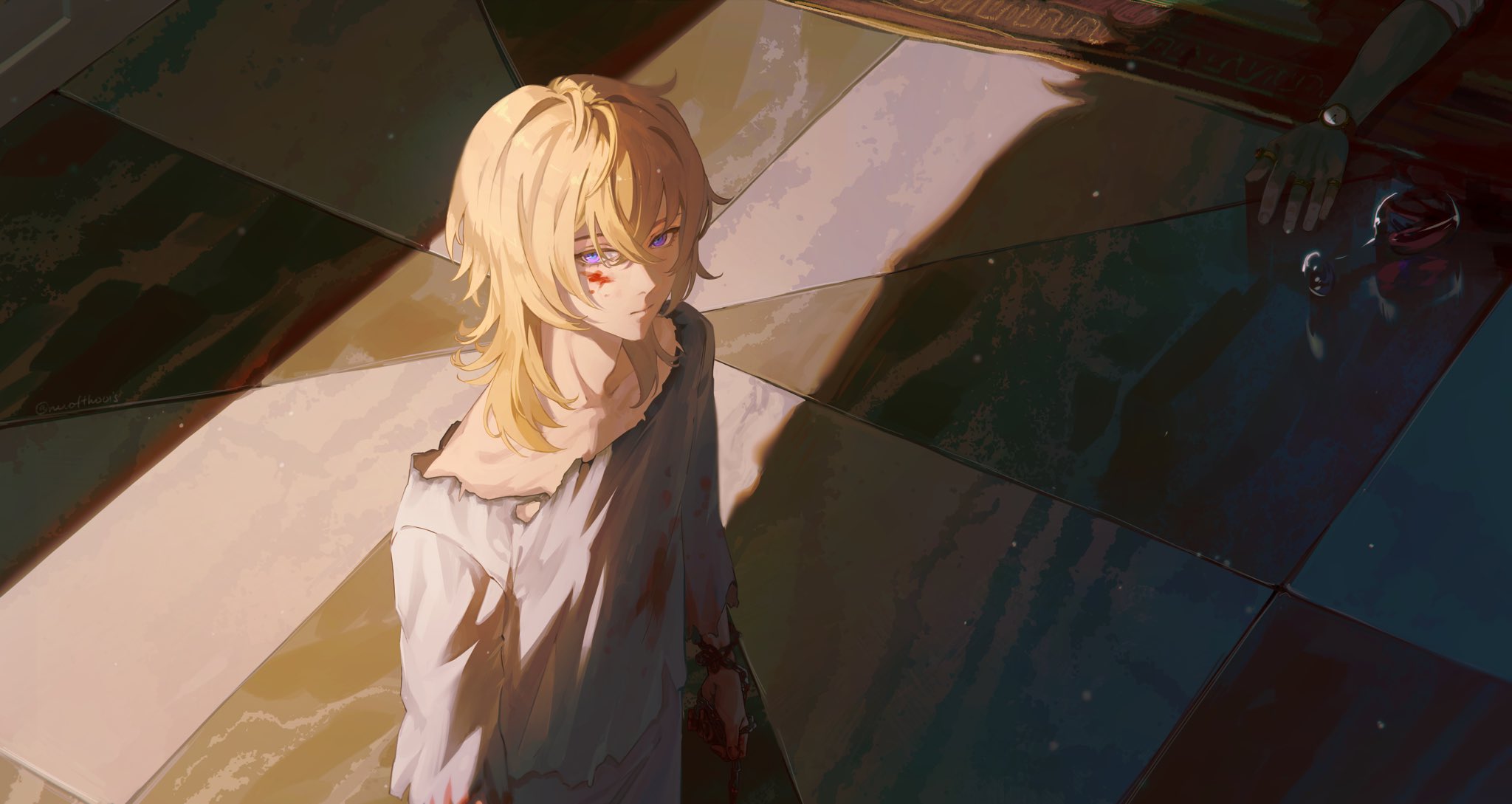 meofthoois, aventurine (honkai: star rail), kakavasha (honkai: star rail), honkai: star rail, honkai (series), hashtag-only commentary, highres, 2boys, adam's apple, aged down, blonde hair, blood, blood on face, closed mouth, from above, hair between eyes, male focus, multicolored eyes, multiple boys, out of frame, purple eyes, shirt, solo, torn clothes, torn shirt