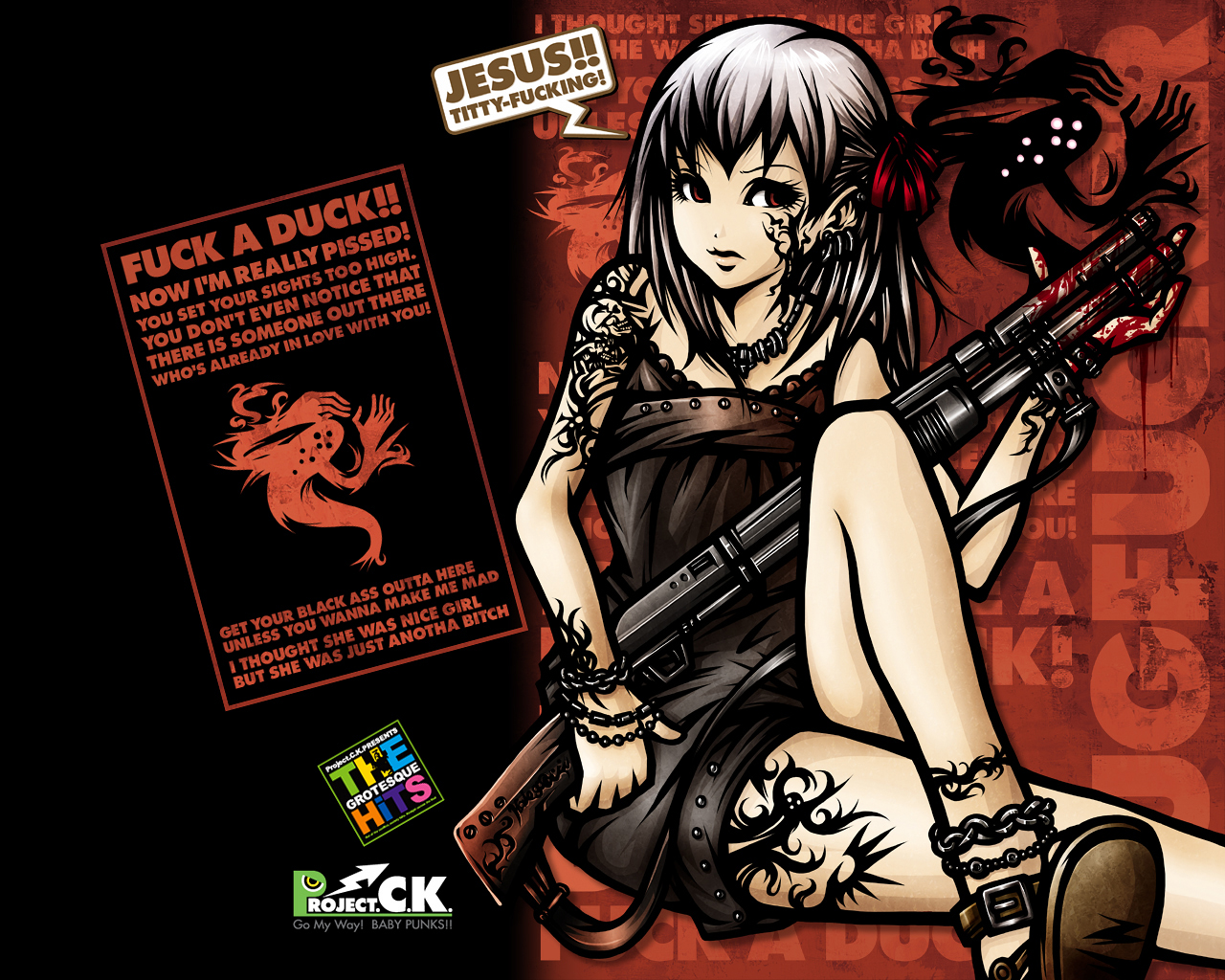 project.c.k., dark matou sakura, dark sakura, matou sakura, fate/stay night, fate (series), silver hair, 00s, 1girl, anklet, bare shoulders, blood, casual, dark persona, ear piercing, earrings, english text, engrish text, female focus, gun, jewelry, necklace, piercing, profanity, ranguage, red eyes, sandals, solo, tattoo, weapon
