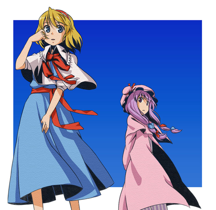 kannari, alice margatroid, patchouli knowledge, touhou, 2girls, blonde hair, blue eyes, female focus, hair ribbon, hairband, multiple girls, purple hair, ribbon, wind