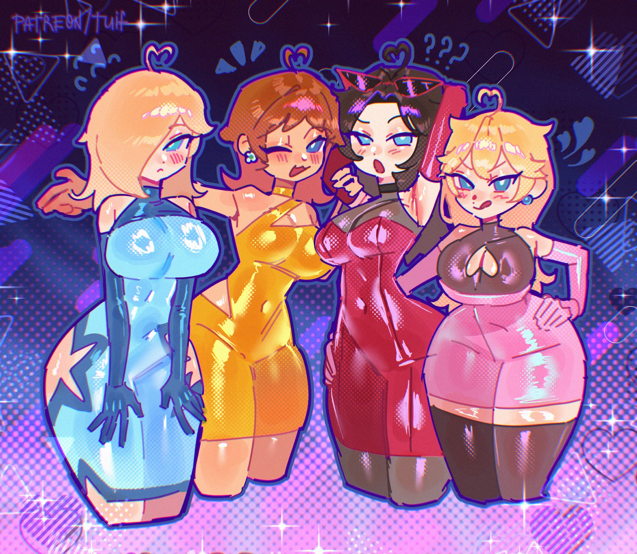 tuiffff, pauline (mario), princess daisy, princess peach, rosalina, mario (series), nintendo, highres, 4girls, ?, ??, ^^^, ahoge, artist name, black hair, blonde hair, blue dress, blue eyes, blush, breasts, cleavage, dark-skinned female, dark skin, dress, earrings, eyewear on head, flying sweatdrops, hair over one eye, hand on own hip, jewelry, large breasts, long hair, looking at viewer, medium breasts, multiple girls, one eye closed, open mouth, pink dress, red dress, smile, sunglasses, tongue, tongue out, trait connection, yellow dress