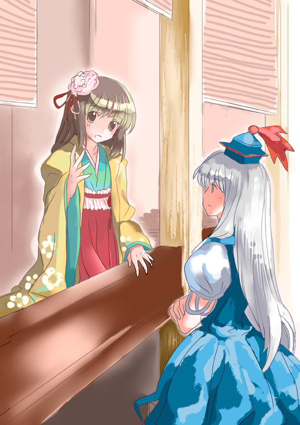 nanami sano, hieda no akyuu, kamishirasawa keine, perfect memento in strict sense, touhou, silver hair, 2girls, bar (place), blue dress, blush, crossed arms, dress, female focus, full-face blush, hakama, hakama short skirt, hakama skirt, hat, indoors, japanese clothes, long hair, long sleeves, miko, multiple girls, pleated skirt, red hakama, red skirt, skirt, tate eboshi, very long hair