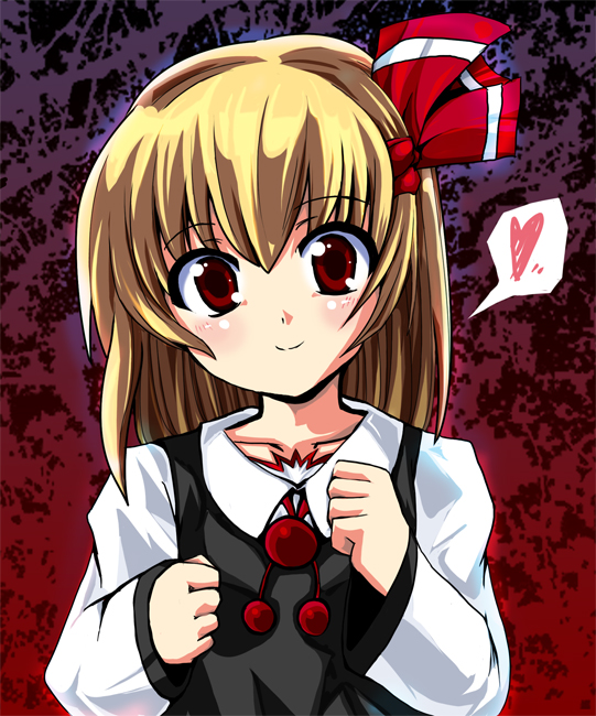 fa no hito, rumia, embodiment of scarlet devil, touhou, 1girl, blonde hair, blush, female focus, hair ribbon, heart, looking at viewer, necktie, red eyes, ribbon, smile, solo, spoken heart, upper body