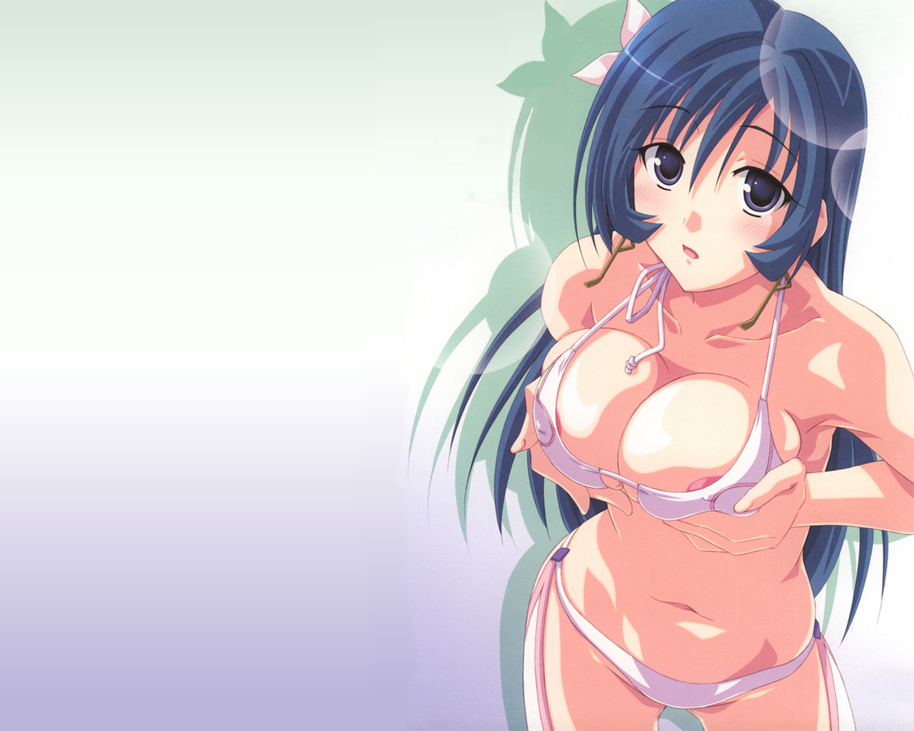 izumi mahiru, kotona elegance, zoids, zoids genesis, breast hold, 00s, 1girl, bikini, blue hair, blush, breast lift, breasts, breasts squeezed together, female focus, long hair, nipples, purple eyes, solo, swimsuit