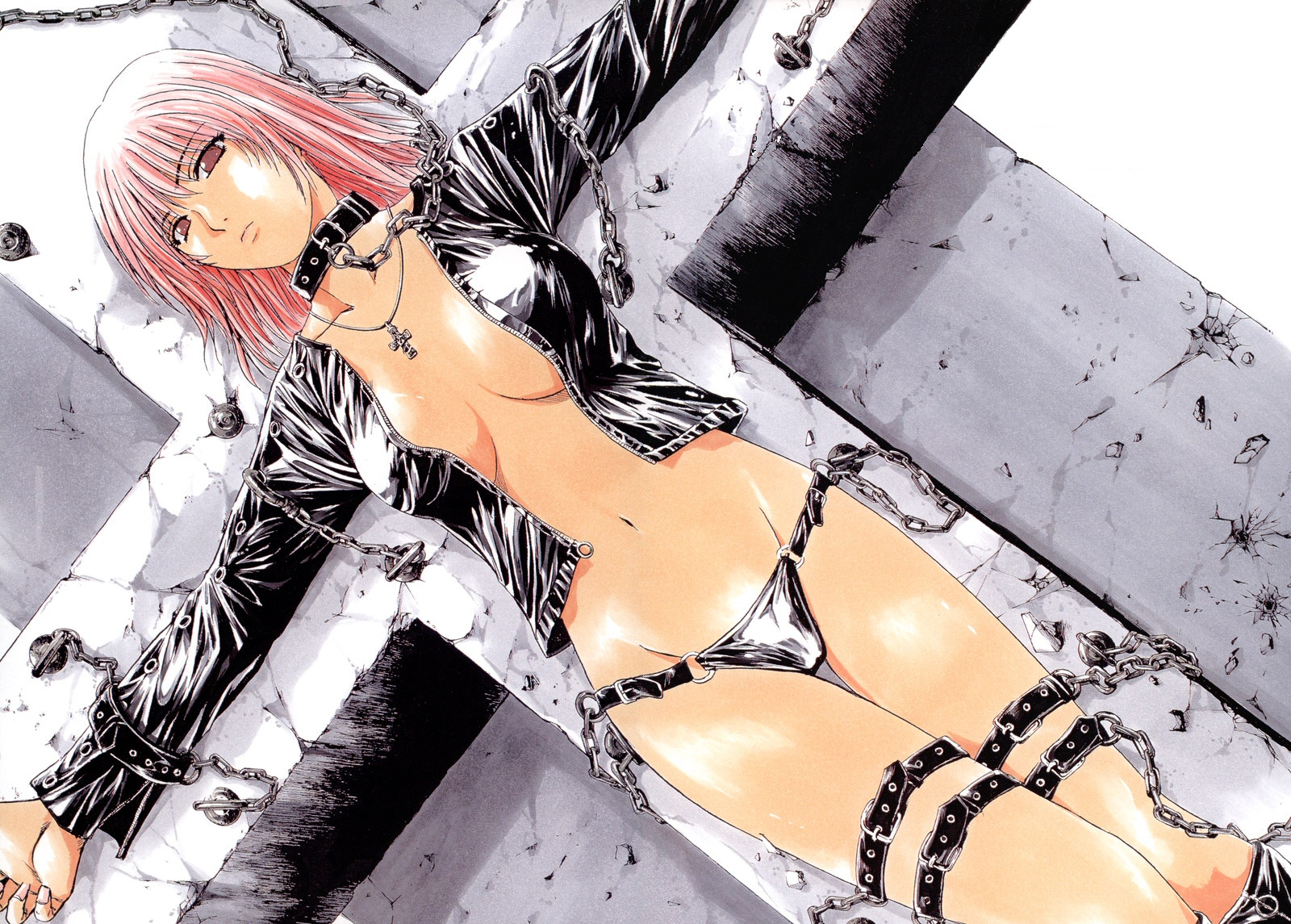 fujisawa tooru, rokujo sakura, tokko, highres, 00s, 1girl, bdsm, brown eyes, chain, collar, crucifixion, female focus, leather, panties, pink hair, short hair, solo, underwear