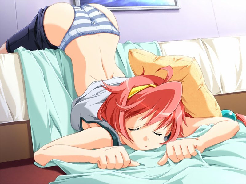 marihara chiho, niji no kanata ni, eyebrows, grasping sheets, game cg, reference work, 1girl, ass, back, bed, bed sheet, breast press, breasts, closed eyes, female focus, hairband, messy hair, panties, pink hair, short hair, sleeping, solo, striped clothes, striped panties, top-down bottom-up, underwear