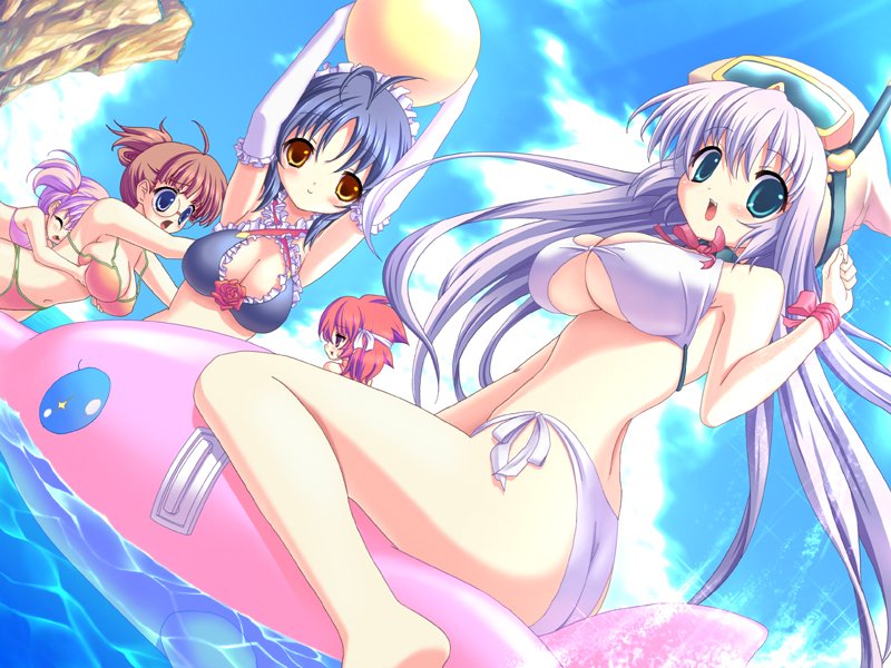 2-g, 5girls, ahoge, antenna hair, aqua eyes, arms up, ass, ball, beach, beachball, bikini, blue eyes, blue hair, blush, breasts, brown eyes, brown hair, choker, cleavage, closed eyes, cloud, day, diving mask, dutch angle, elbow gloves, flower, frilled bikini, frills, glasses, gloves, goggles, grabbing another's breast, groping, hair ribbon, highleg, highleg bikini, inflatable dolphin, inflatable raft, inflatable toy, large breasts, long hair, looking back, multiple girls, navel, outdoors, ponytail, purple hair, red hair, ribbon, rose, short hair, short twintails, side-tie bikini bottom, sideboob, sitting, sky, smile, snorkel, surprised, swimsuit, twintails, underboob, very long hair, water, yellow eyes