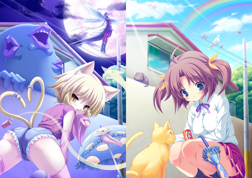 2-g, 2girls, :3, ahoge, animal ears, ass, bent over, bird, blonde hair, blue eyes, brown hair, cat, cat ears, cat tail, cloud, denim, denim shorts, fantasy, hair ribbon, lips, moon, multiple girls, multiple tails, nekomata, night, purple hair, rainbow, ribbon, school uniform, serafuku, short hair, shorts, skirt, sky, slit pupils, socks, soda, tail, thighhighs, traditional youkai, twintails, two tails, umbrella, wings, yellow eyes