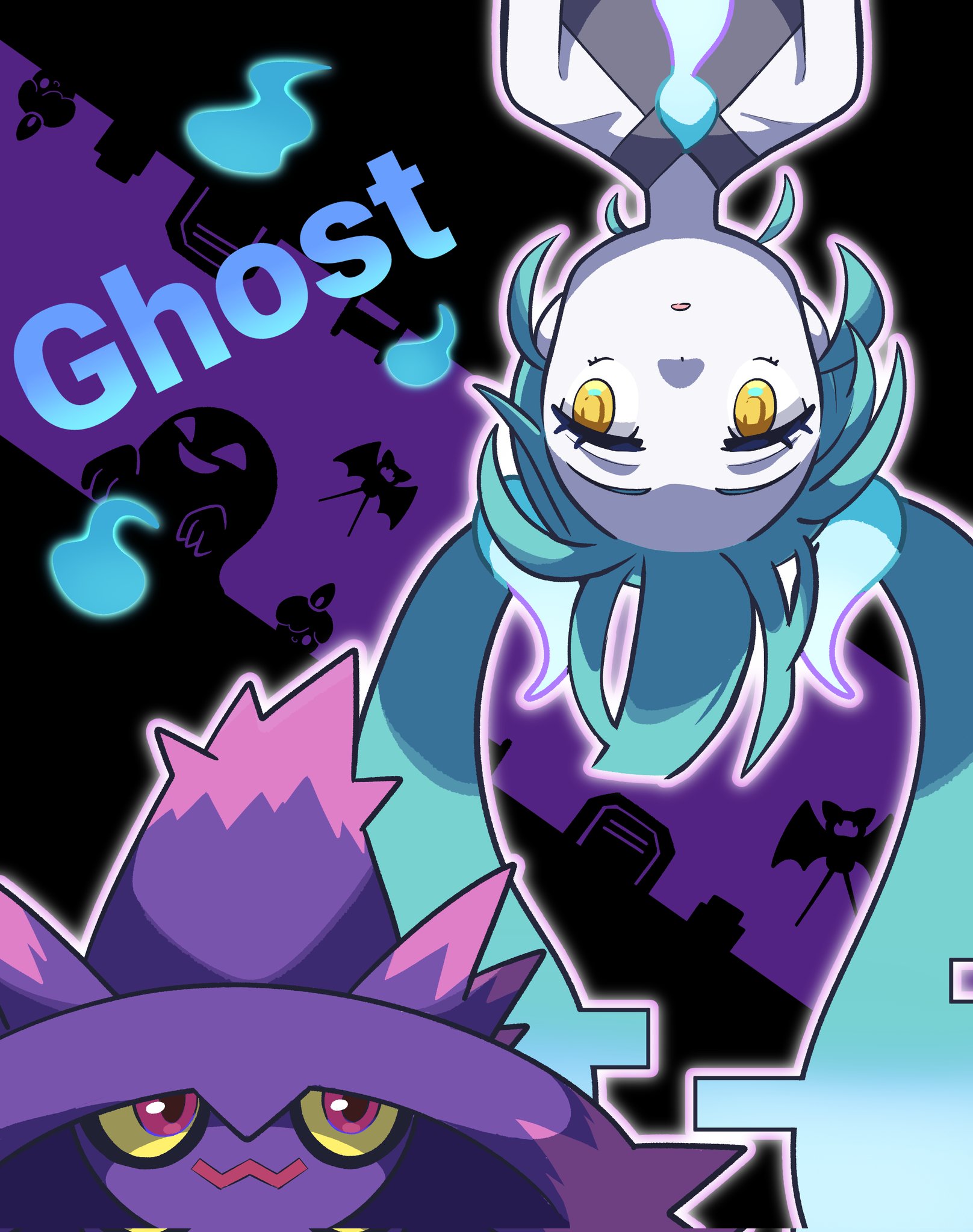 poyo party, ghost miku (project voltage), hatsune miku, litwick, mismagius, pokemon tower ghost, zubat, nintendo, pokemon, project voltage, vocaloid, commentary, highres, 1girl, blue hair, colored sclera, colored skin, gen 1 pokemon, gen 4 pokemon, gen 5 pokemon, glitch, grey shirt, hitodama, long hair, looking at another, looking up, official alternate costume, official alternate hairstyle, parted lips, pokemon (creature), red eyes, shirt, sleeveless, sleeveless shirt, smile, tombstone, twintails, upside-down, white skin, yellow eyes, yellow sclera
