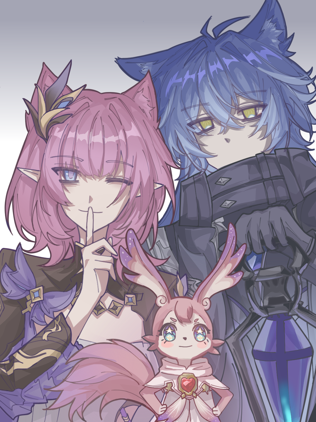 elysia (honkai impact), elysia (miss pink elf) (honkai impact), flins (genshin impact), mem (honkai: star rail), genshin impact, honkai: star rail, honkai (series), honkai impact 3rd, mihoyo, chinese commentary, commentary request, highres, 1boy, 1girl, ;), animal ears, black gloves, black hood, blue eyes, blue hair, breasts, cat ears, coat, corset, elf, finger to mouth, gloves, holding, holding lantern, lantern, large breasts, long hair, looking at viewer, mihayounigaisia52268, one eye closed, pink hair, pointy ears, short hair, shrug (clothing), shushing, smile, star-shaped pupils, star (symbol), symbol-shaped pupils, tail, white corset, yellow eyes