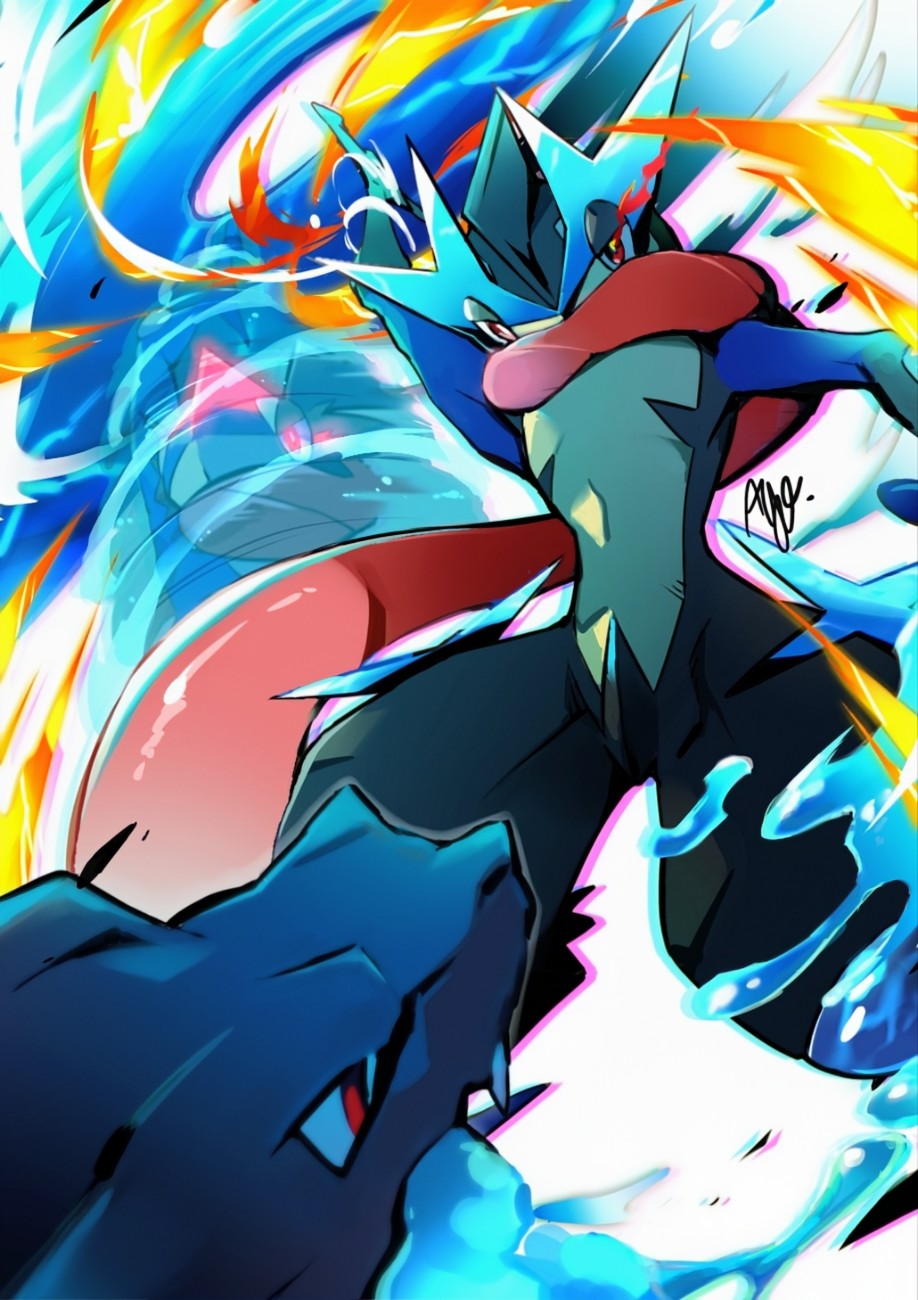 ayo (ayosanri009), charizard, greninja, mega charizard x, mega greninja, nintendo, pokemon, pokemon legends: z-a, highres, blue fire, breath weapon, breathing fire, dragon, fire, frog, gen 1 pokemon, gen 6 pokemon, long tongue, mega pokemon, ninja, no humans, pokemon (creature), pokemon focus, red nose, shuriken, tongue, tongue scarf, very long tongue, water shuriken (pokemon), weapon