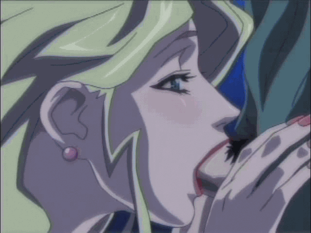 nonoyama alice, lingeries, lingeries office, animated, animated gif, anime screenshot, 00s, 1girl, :>=, blonde hair, blue eyes, blush, close-up, deepthroat, earrings, fellatio, jewelry, lipstick, makeup, nail polish, oral, penis, pubic hair, solo focus, uncensored