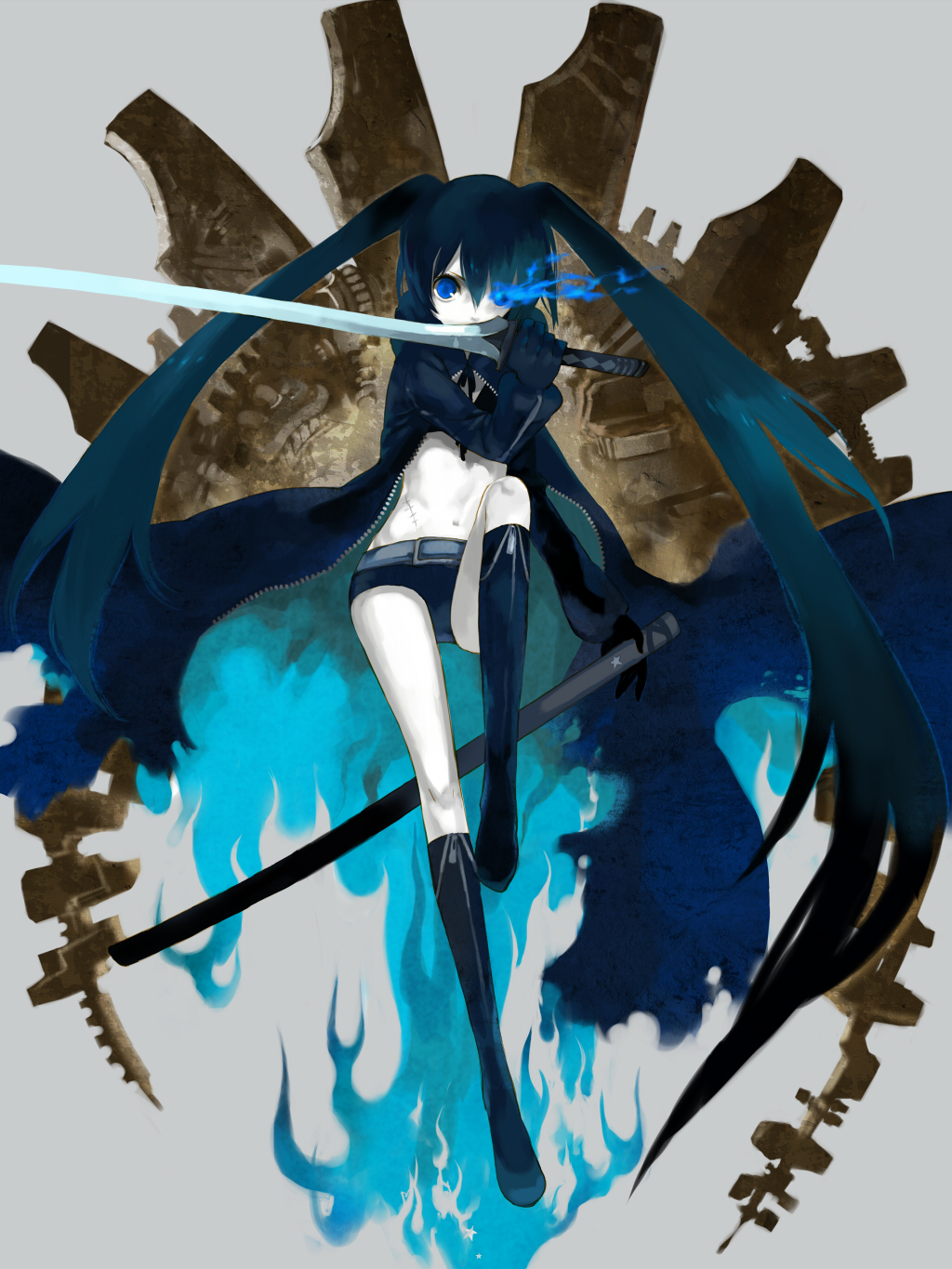 jimu kaji, kajimiya (kaji), black rock shooter (character), hatsune miku, black rock shooter, shooter, vocaloid, bad id, bad pixiv id, highres, 10s, 1girl, black theme, blue eyes, coat, female focus, fire, gloves, green hair, kneehighs, midriff, navel, rock, scar, sheath, shorts, socks, solo, sword, trench coat, twintails, weapon