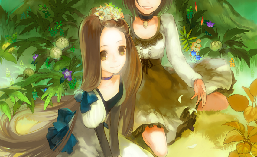 jimu kaji, kajimiya (kaji), bad id, bad pixiv id, 2girls, brown eyes, choker, dress, flower, hair ribbon, long hair, multiple girls, ribbon, smile