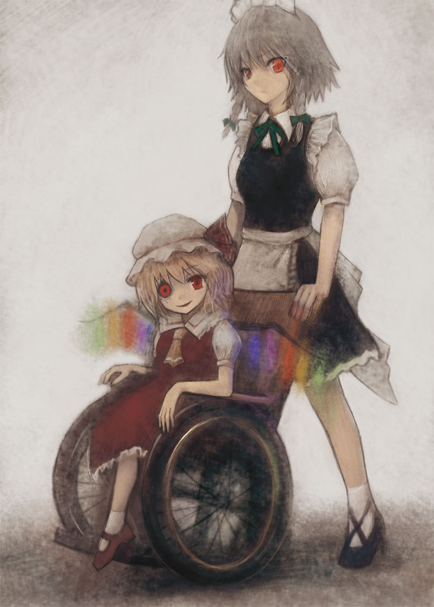 madokan suzuki, flandre scarlet, izayoi sakuya, embodiment of scarlet devil, touhou, silver hair, bad id, bad pixiv id, highres, 2girls, amputee, black sclera, colored sclera, crazy, crazy eyes, female focus, hair ribbon, hat, injury, maid, mob cap, multiple girls, red eyes, ribbon, short hair, sketch, socks, wheelchair, wings