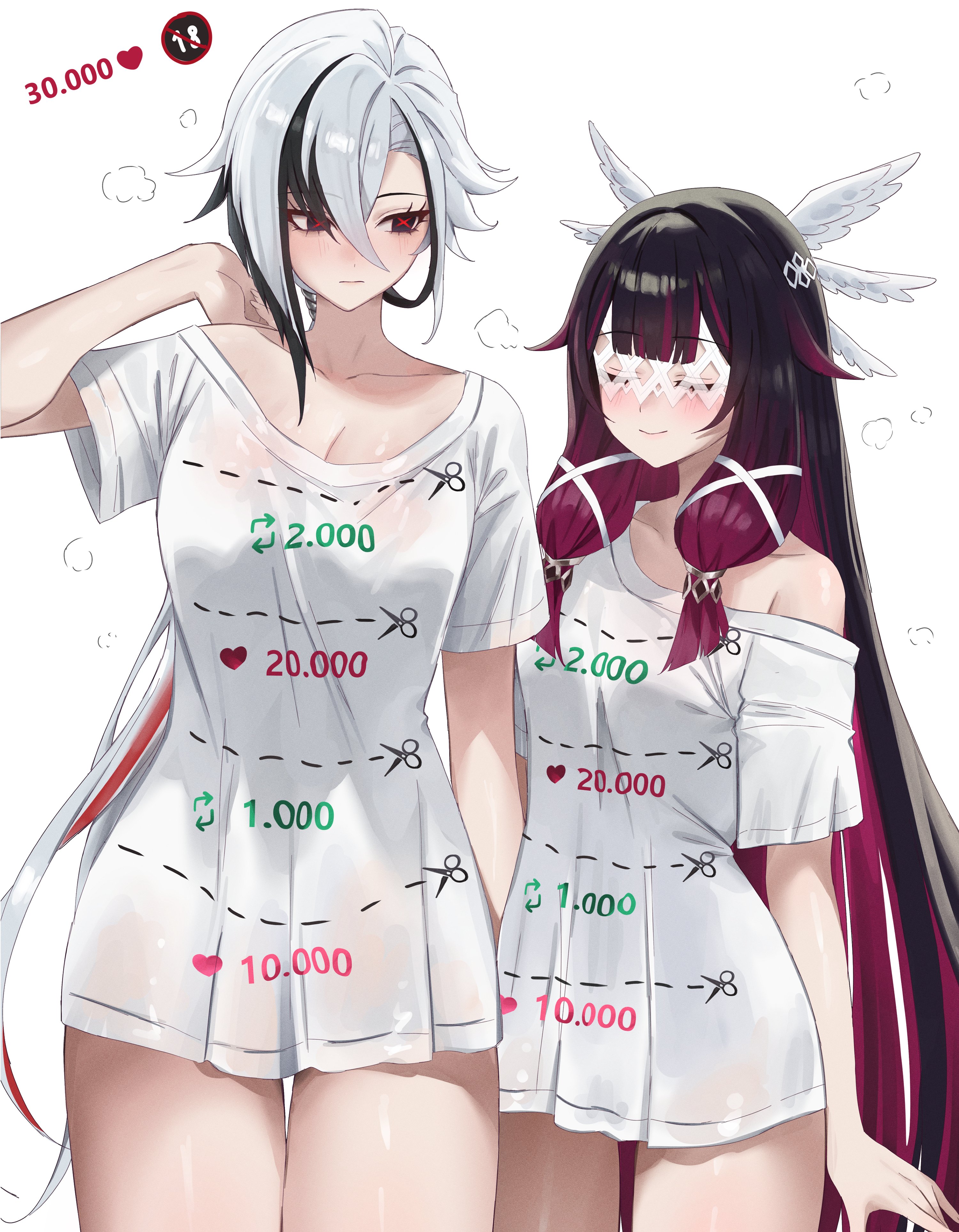 vitaminechan, arlecchino (genshin impact), columbina (genshin impact), genshin impact, absurdres, commentary, hashtag-only commentary, highres, revision, 2girls, arm up, black eyes, breasts, cleavage, closed eyes, closed mouth, collarbone, eye mask, gradient hair, hair between eyes, hair ornament, looking at another, medium breasts, multicolored hair, multiple girls, purple hair, red pupils, shirt, simple background, single bare shoulder, single off shoulder, smile, symbol-shaped pupils, twitter strip game, two-tone hair, white background, white shirt, wing hair ornament, x-shaped pupils