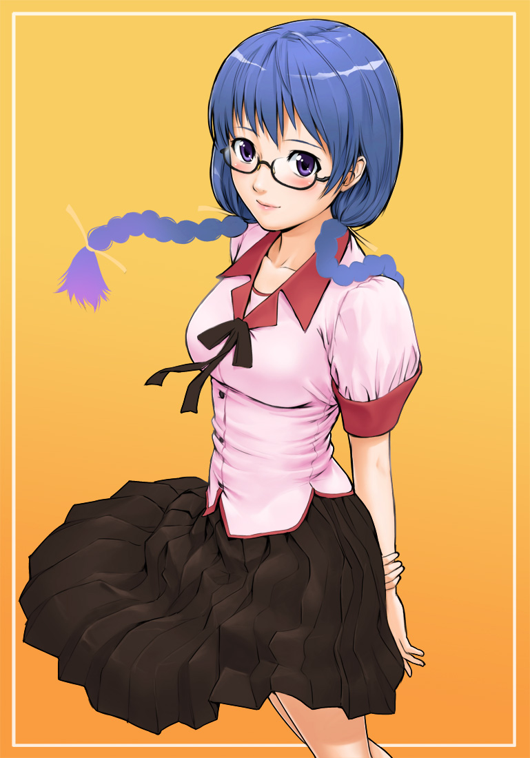 suiso, suiso (oxygen2), hanekawa tsubasa, bakemonogatari, monogatari (series), nekomonogatari, alternate breast size, 00s, 10s, 1girl, blue hair, blush, braid, female focus, glasses, purple eyes, skirt, solo, twin braids