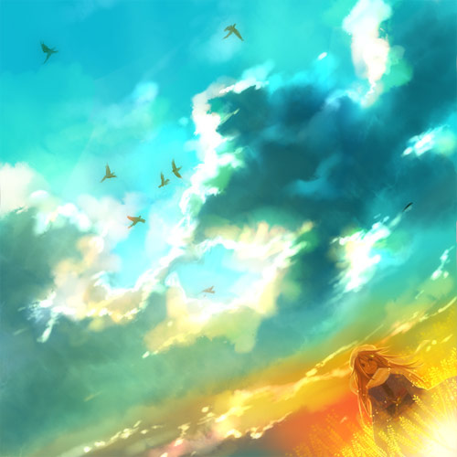 kyouka hatori, kyoukahatori, original, lowres, md5 mismatch, 1girl, bird, blonde hair, cloud, dutch angle, female focus, long hair, scarf, sky, solo