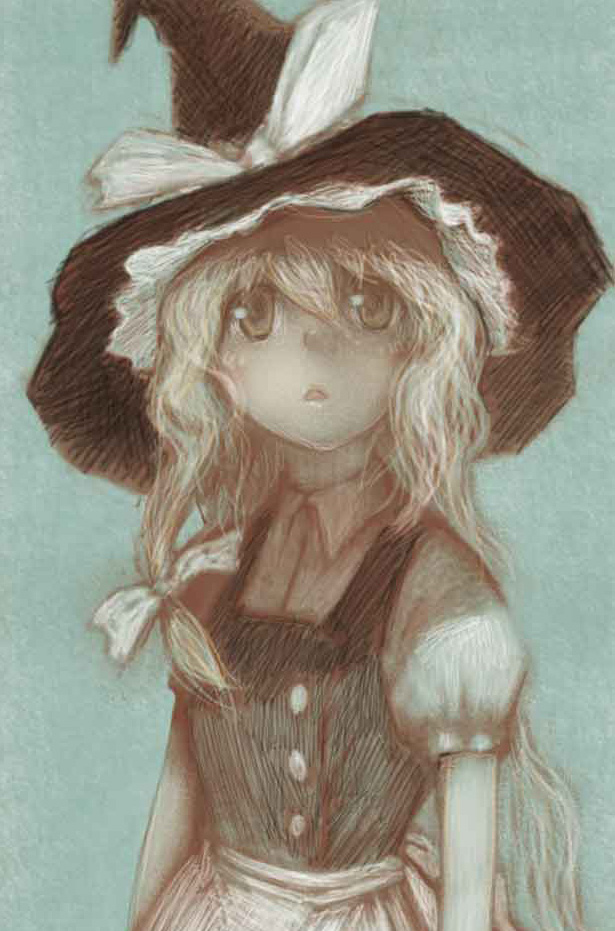 madokan suzuki, kirisame marisa, touhou, bad id, bad pixiv id, jpeg artifacts, 1girl, blonde hair, female focus, hat, long hair, sketch, solo, witch, witch hat, yellow eyes