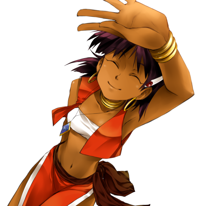 kinako (moment), kinani, nadia la arwall, fushigi no umi no nadia, bad id, bad pixiv id, 1990s (style), 1girl, ^ ^, arm up, bandeau, bandeau bikini, bracelet, choker, closed eyes, dark-skinned female, dark skin, earrings, female focus, hair ornament, hairclip, hoop earrings, jewelry, loincloth, midriff, navel, neck ring, necklace, purple hair, retro artstyle, shading eyes, short hair, smile, solo, strapless, tube top, vest