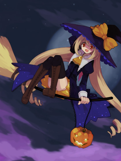 koto (colorcube), melona (koto), original, bad id, bad pixiv id, 1girl, blonde hair, broom, broom riding, drill hair, female focus, flying, full moon, halloween, hand on headwear, hat, jack-o'-lantern, long hair, moon, night, night sky, open mouth, pumpkin, red eyes, sidesaddle, skirt, sky, smile, solo, thighhighs, twintails, very long hair, witch, witch hat, zettai ryouiki