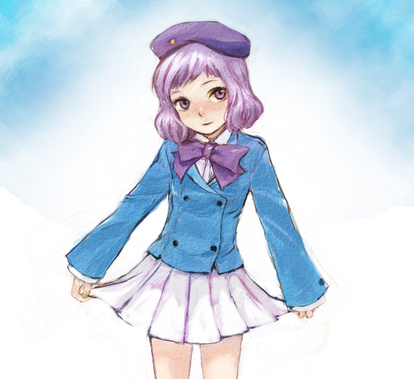 kno, kno (anahita), sannomiya shiho, zettai karen children, bad id, bad pixiv id, 00s, beret, blush, bow, bowtie, child, hat, jacket, purple eyes, purple hair, short hair, skirt, smile, solo