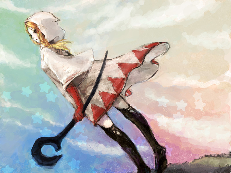 kno, kno (anahita), white mage (fft), white mage (final fantasy), final fantasy, final fantasy tactics, white mage, bad id, bad pixiv id, 1girl, blonde hair, dress, female focus, gloves, kneehighs, long hair, outdoors, socks, solo, staff, thighhighs, yellow eyes