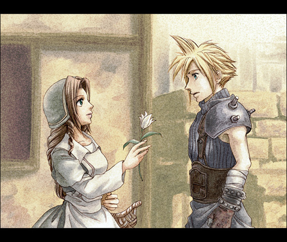 kihara yuhki, kihara yuuki, aerith gainsborough, cloud strife, final fantasy, final fantasy tactics, final fantasy vii, square enix, bad id, bad pixiv id, 1990s (style), 1boy, 1girl, apron, armor, basket, blue eyes, braid, brown hair, dress, flower, green eyes, hat, long hair, official alternate costume, retro artstyle, sleeveless, sleeveless turtleneck, spiked hair, turtleneck