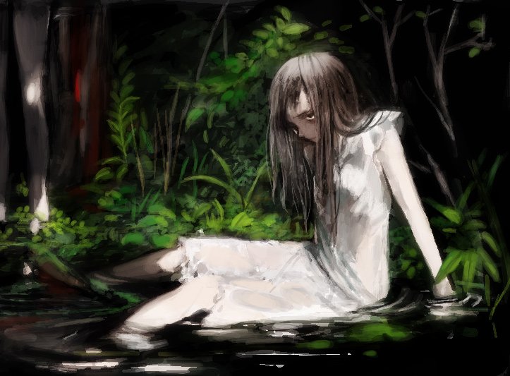 tomatika, bad id, bad pixiv id, 1girl, arm support, bags under eyes, black hair, dress, female focus, long hair, looking up, pale skin, solo, water, wet, yellow eyes
