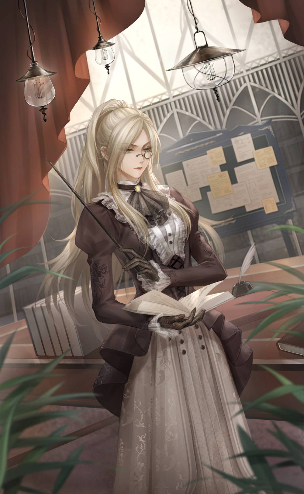 nikki (series), shining nikki, artist request, game cg, highres, official art, 1girl, ascot, bib collar, black-framed eyewear, black ascot, black gloves, black shirt, blonde hair, book, brooch, brown skirt, bulletin board, ceiling light, closed mouth, coat, collar, cowboy shot, curtains, downturned eyes, dutch angle, expressionless, frilled collar, frilled sleeves, frills, gloves, high ponytail, holding, holding baton, holding book, indoors, inkwell, jewelry, juliet sleeves, lipstick, long hair, long skirt, long sleeves, makeup, monocle, open book, paper, plant, pleated skirt, ponytail, potted plant, puffy sleeves, reading, round eyewear, sheila's discipline (shining nikki), shirt, sidelocks, skirt, sleeves past wrists, solo, stage, standing, teacher, very long hair, white coat, yellow brooch, zoey (shining nikki)
