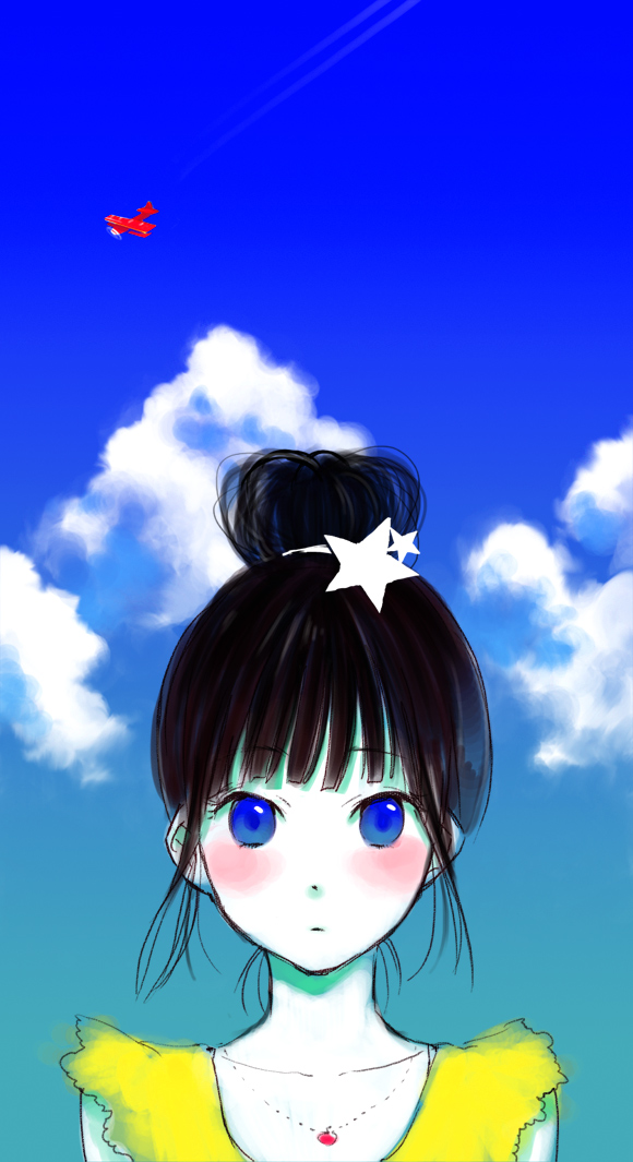 yokoyari mengo, original, bad id, bad pixiv id, 1girl, aircraft, airplane, black hair, blue eyes, blue sky, blunt bangs, blush, cloud, cloudy sky, collarbone, day, female focus, hair ornament, jewelry, long hair, looking at viewer, necklace, outdoors, pale skin, ponytail, shirt, sky, sleeveless, sleeveless shirt, solo, star (symbol), star hair ornament, upper body, yellow shirt