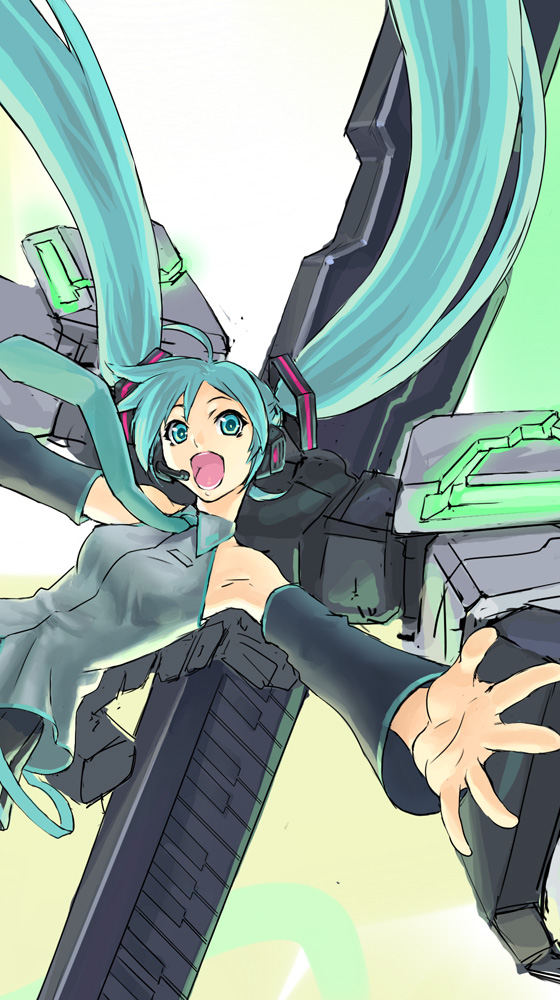 ran'ou (tamago no kimi), hatsune miku, vocaloid, armpits, blue eyes, blue hair, detached sleeves, long hair, mecha, necktie, robot, solo, twintails