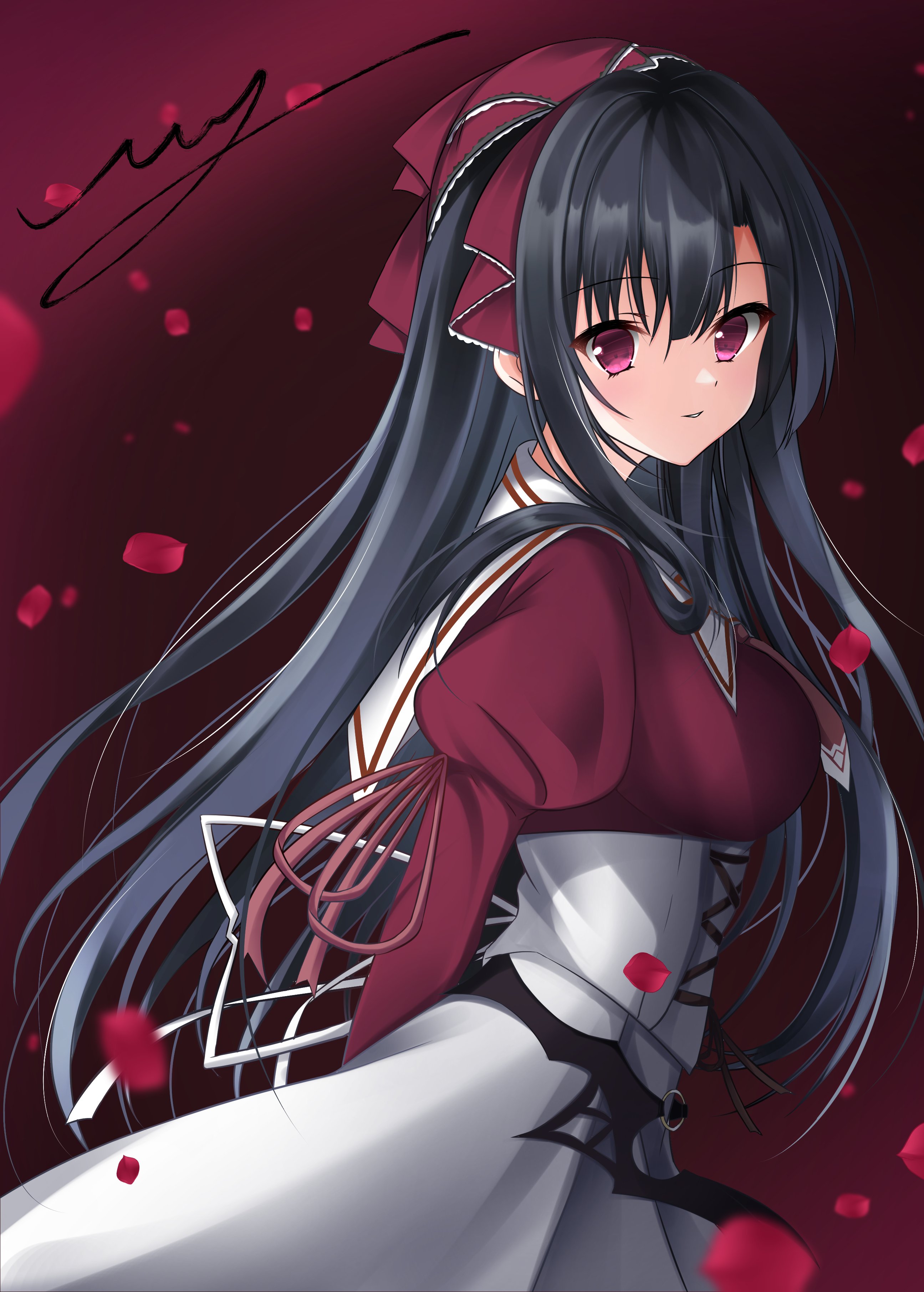 uuy (uuypro), kuroshiba kanae, 11eyes, absurdres, commentary request, commission, highres, skeb commission, 1girl, black hair, blunt bangs, breasts, corset, cowboy shot, eyelashes, eyes visible through hair, from side, hair between eyes, hair over shoulder, hair ribbon, juliet sleeves, lace, lace-trimmed ribbon, lace trim, large breasts, long hair, long skirt, long sleeves, looking at viewer, parted lips, puffy sleeves, red background, red eyes, red ribbon, red shirt, ribbon, shirt, sidelocks, signature, simple background, skirt, sleeve ribbon, smile, solo, straight hair, very long hair, white corset, white skirt