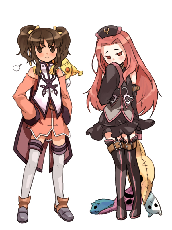 gwayo, gwayom, omyo, anise tatlin, arietta (tales), tales of (series), tales of the abyss, bad id, bad pixiv id, 00s, 2girls, blush, brown eyes, brown hair, detached sleeves, dress, hat, long hair, multiple girls, pink eyes, pink hair, short twintails, stuffed animal, stuffed toy, thighhighs, twintails