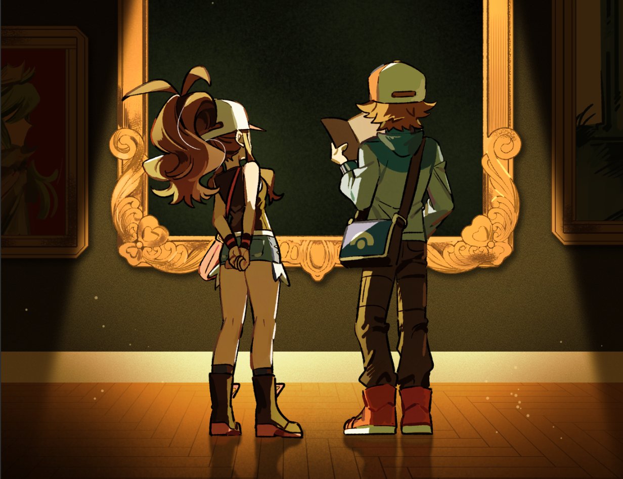1brad, hilbert (pokemon), hilda (pokemon), nintendo, pokemon, pokemon bw, 1boy, 1girl, backwards hat, baseball cap, blue jacket, denim, denim shorts, exposed pocket, hat, jacket, painting (object), shorts