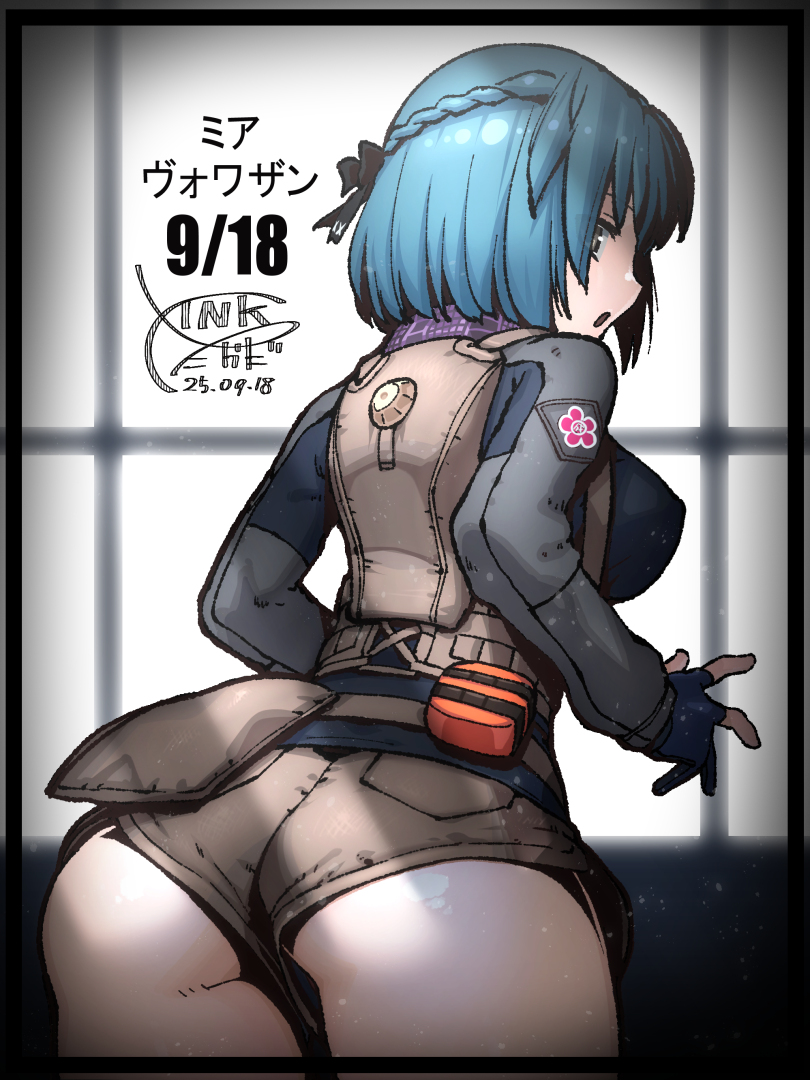 takada kazuhiro, mia viosin, alice gear aegis, 1girl, ass, black gloves, blue hair, breasts, dated, fingerless gloves, from behind, gloves, long sleeves, looking at viewer, medium breasts, short hair, shorts, sideboob, signature, solo, yellow eyes