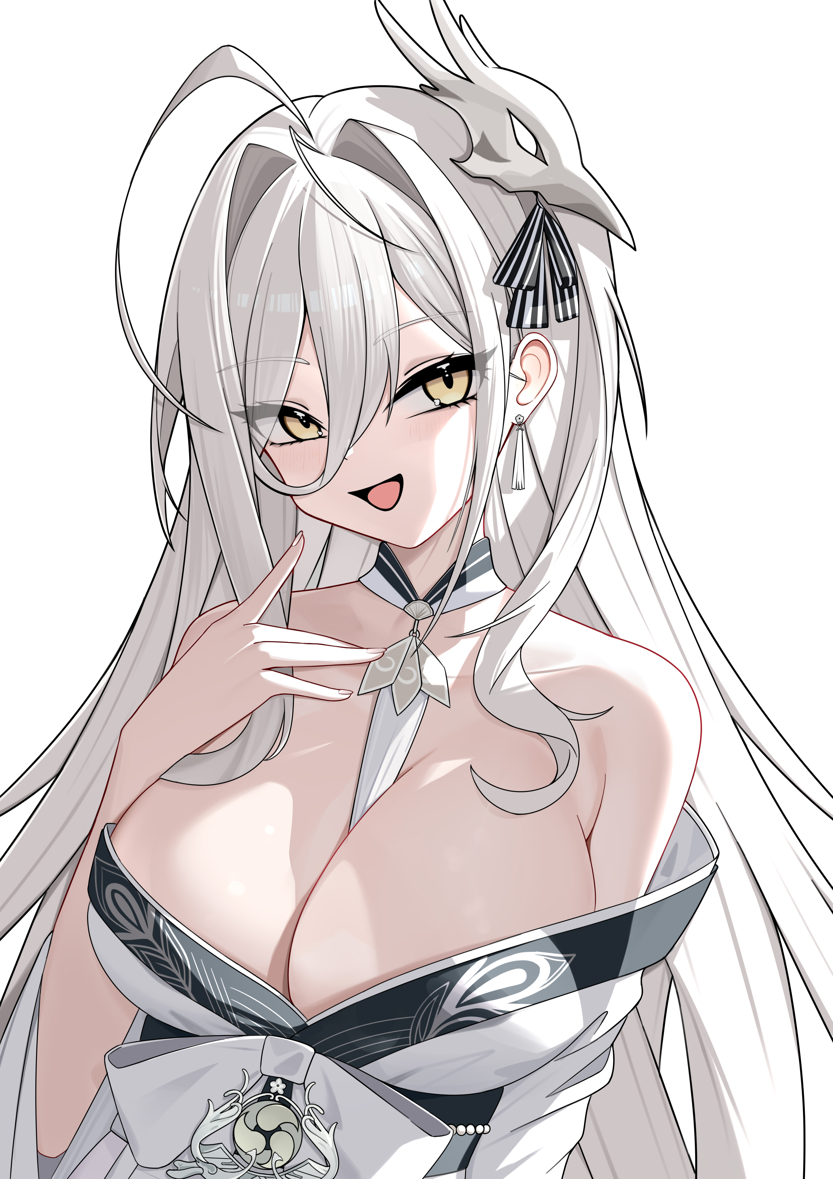 xin sanmu, hakuhou (azur lane), azur lane, absurdres, chinese commentary, commentary request, highres, 1girl, ahoge, between breasts, bird mask, blush, breasts, brown hair, collarbone, earrings, grey hair, hair between eyes, hair intakes, hand up, huge breasts, japanese clothes, jewelry, kimono, long bangs, long hair, long hair between eyes, looking at viewer, mask, mask on head, necklace, off shoulder, open mouth, ribbon, sidelocks, simple background, smile, solo, striped ribbon, upper body, white hair, white kimono, wide sleeves